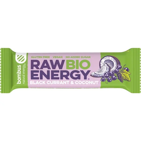 Baton Energizant Bio, Raw Energy, cu Coacaze Negre si Nuca de Cocos 50 g Bombus
