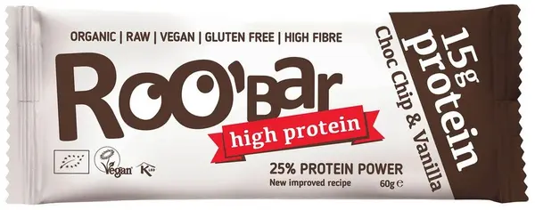 Baton proteic organic crud, cu bucăți de ciocolată și vanilie, 60 g, Roobar