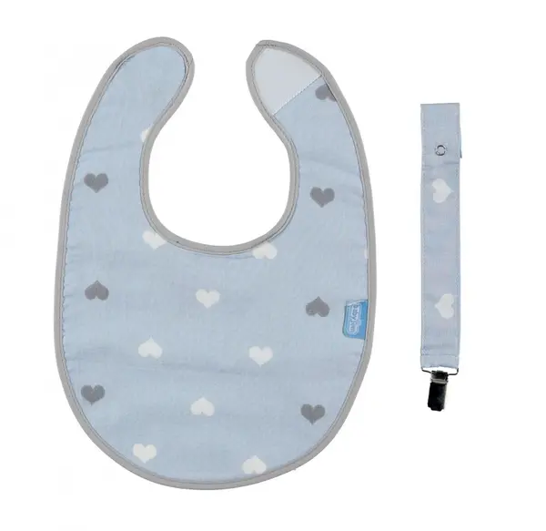 Baveta cu suport pentru suzeta Little Hearts Blue