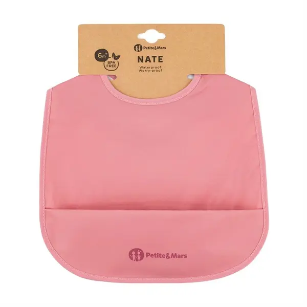 Baveta impermeabila cu buzunar, Petite&Mars, Nate, Fara PVC si ftalati, 37 × 27 cm, 6 luni+, Prindere velcro, Roz