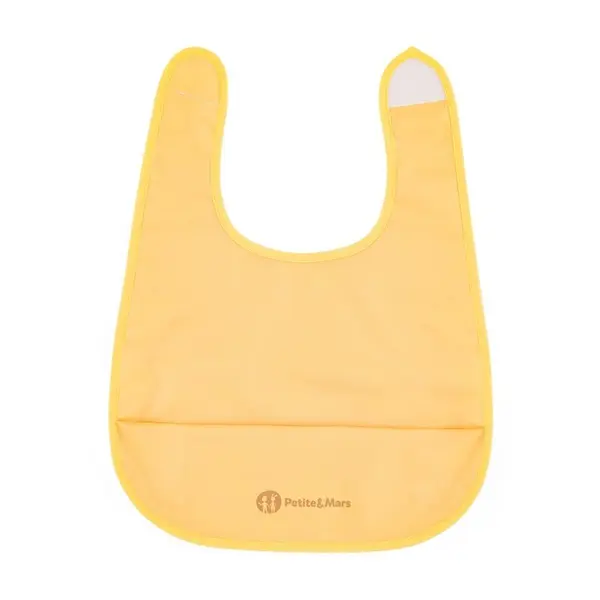 Baveta impermeabila cu buzunar PetiteMars Nate, fara pvc si ftalati, 37x27 cm, 6 luni+, prindere velcro, Ocru