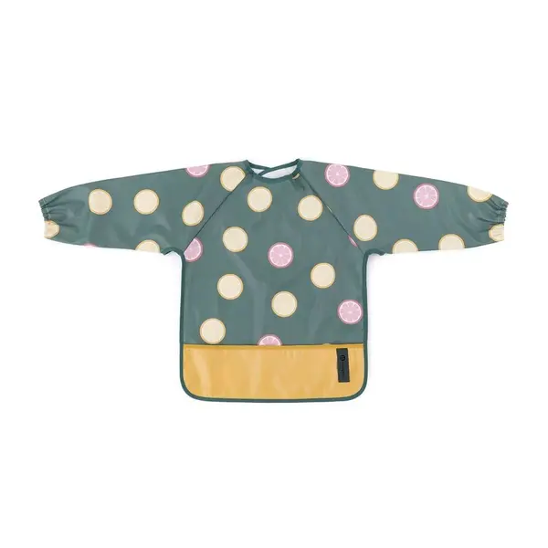 Baveta impermeabila, Petite&Mars, Cu maneci lungi, Usor de curatat, inchidere prin velcro, Dimensiune 38x42 cm, 24 luni+, Beige Citrus