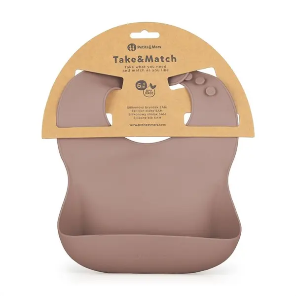 Baveta moale PetiteMars Velvet Latte Maro pudrat TakeMatch, reglabila, cu buzunar colector, silicon, fara BPA, 6 luni+