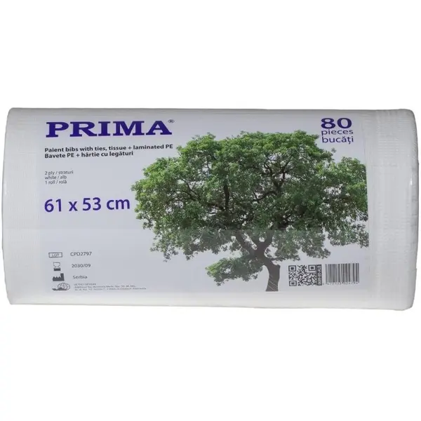Bavete Stomatologice de Unica Folosinta, Impermeabile, Albe, cu Legaturi, 61 x 53cm, 80 Bucati/Rola, Prima