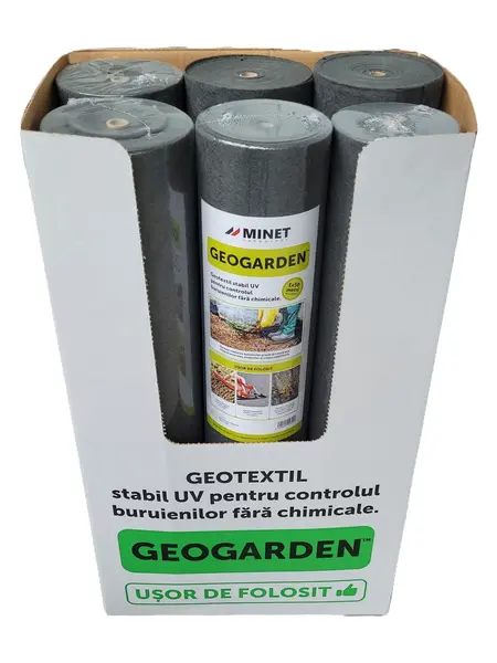 Bax 6 role Folie membrana geotextil agrotextil Geogarden, 100gr/mp, latime 1 m, lungime 50m/rola, suprafata 50mp/rola, suprafata totala 300 mp, negru
