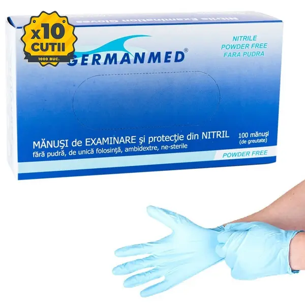 Bax manusi nitril unica folosinta Germanmed, albastre, nepudrate, 1000 buc marimi XS, S, M, L, XL