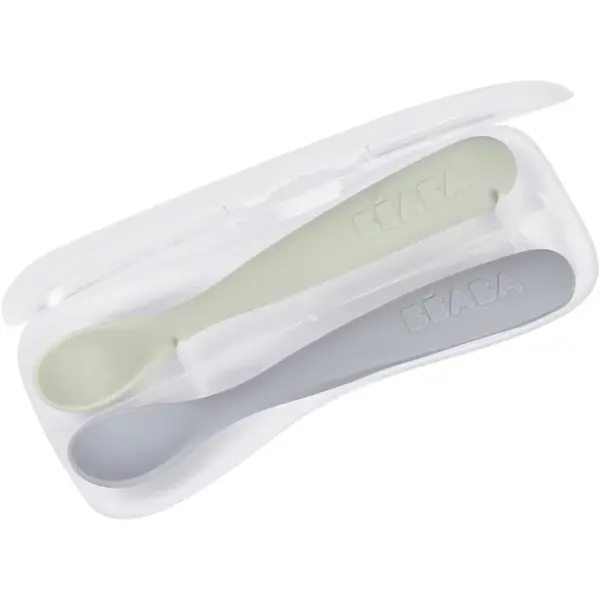 Beaba Set of 2 Ergonomic Spoons linguriță cu sac Pebble Green 4m+ 2 buc