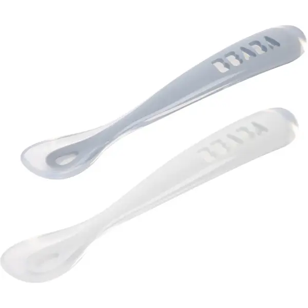 Beaba Silicone Spoon Set linguriță cu sac Pebble / Cloud Blue 2 buc