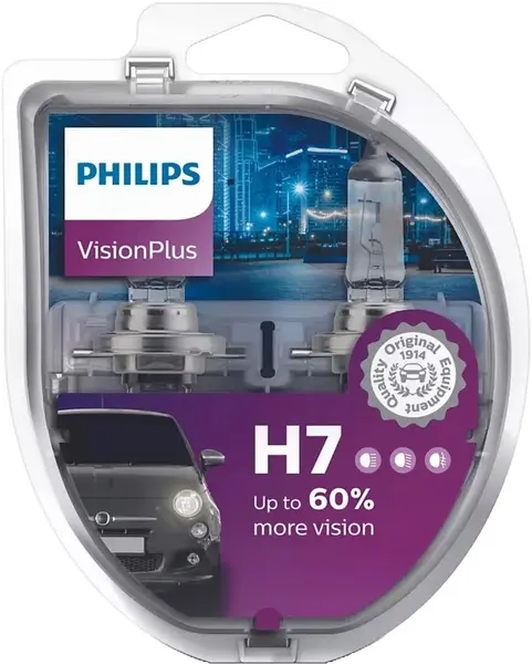 Becuri auto Philips - H7, Vision plus +60% more light, 12V, 55W, 2 buc
