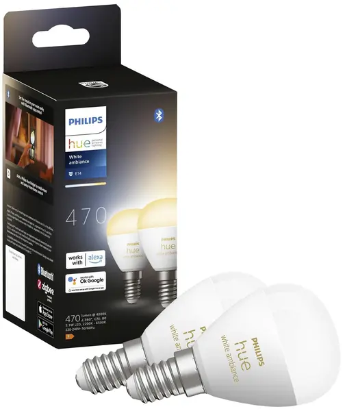 Becuri inteligente Philips - Hue Ambiance, 5.1W, E14, P45, 2 bucăți, dimmer