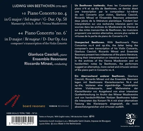 Beethoven: Piano Concertos Nos. 4 & 6 | Ludwig Van Beethoven, Ensemble Resonanz, Riccardo Minasi