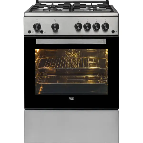 Beko Aragaz Beko FSHT62111GX, 4 arzatoare, Gaz, Aprindere electrica plita/cuptor, Grill, Rotisor, 60 cm, iluminare cuptor, timer mecanic, capac metal, Inox