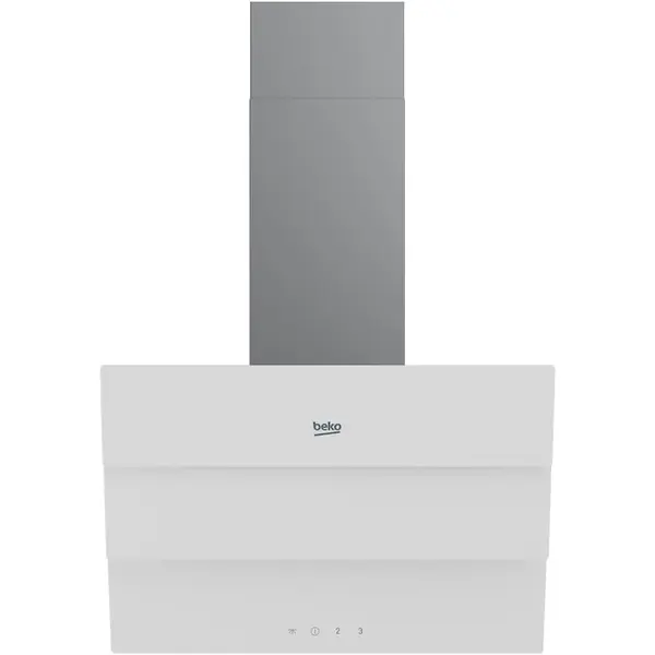 Beko Hota incorporabila decorativa Beko BHCA69642WH, Design inclinat, Afisaj electronic, Iluminare LED , Auto Shut Down, Touch Control, Filtru metalic anti-grasime lavabil, PA 600 mc/h, 1 motor, 59.6 cm, Alb Sticla