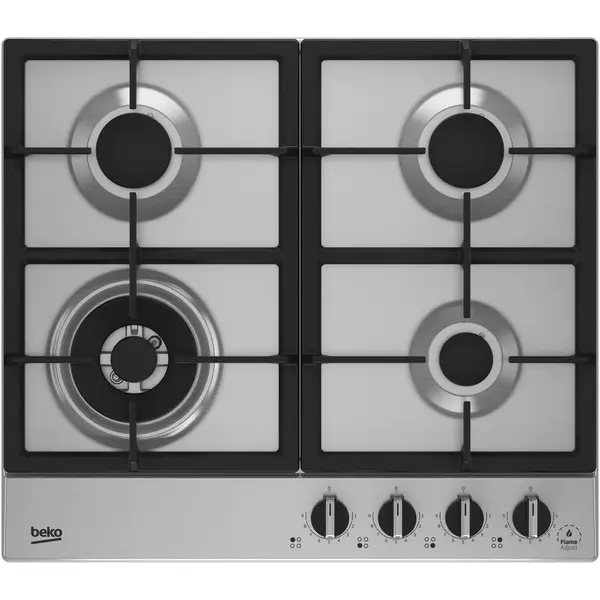Beko Plita incorporabila Beko HIAW64325SX, Gaz, 4 arzatoare, FlameAdjust™, Arzator wok, Gratare fonta, 60 cm, Inox