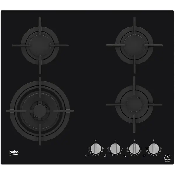 Beko Plita incorporabila Beko HILW64322S, Gaz, 4 arzatoare, FlameAdjust™, Arzator wok, Gratare fonta, 60 cm, Sticla neagra