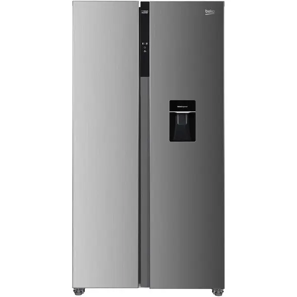 Beko Side by side Beko GNO5322WDXPN, Capacitate 532 l, Clasa E, NeoFrost Dual Cooling, Compresor ProSmart Inverter, Slim tank water dispenser, Display with touch control, Door open buzzer, H 177 cm, Inox Look