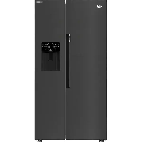 Beko Side-by-Side Beko, tehnologie racire No Frost,Water dispenser, Ice machine, vol net 571 l, clasa energetica E, afisaj electronic, HarvestFresh, control Touch, lumina interioara (LED), functie congelare rapida, rafturi sticla, Dark inox