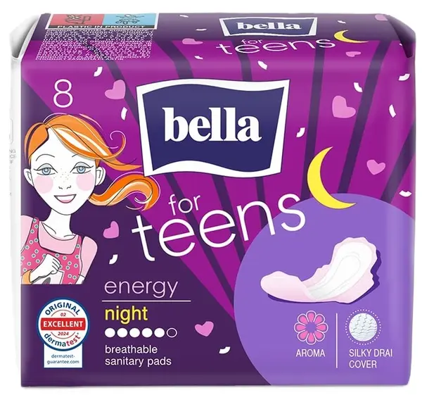 Bella For Teens Absorbante de noapte pentru femei Sensitive, mătase, 8 buc