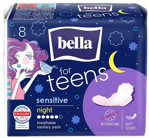 Bella For Teens Absorbante de noapte Sensitive, bumbac, 8 buc