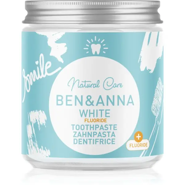 BEN&ANNA Natural Toothpaste White Fluoride pastă de dinți în borcan de sticlă cu flor 100 ml