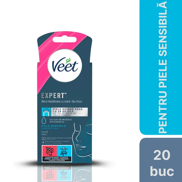 Benzi de ceara depilatoare Veet pentru fata, piele sensibila, 20 benzi