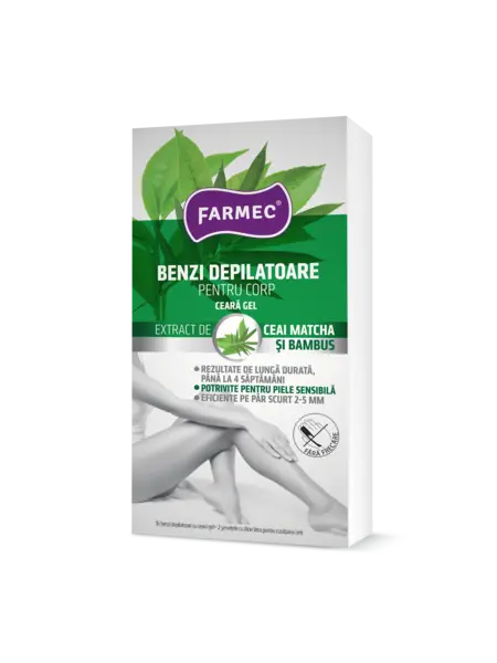 Benzi Depilatoare Pentru Corp Cu Ceară Gel, Extract De Bambus și Matcha, Farmec, 16 Buc