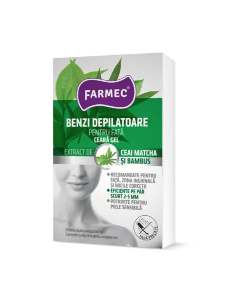 Benzi Depilatoare Pentru Față Cu Ceară Gel, Extract De Bambus și Matcha, Farmec, 20 Buc