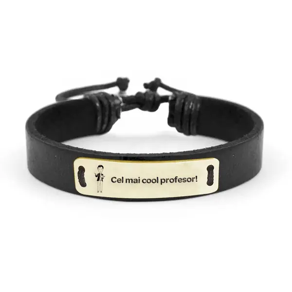 Best Teacher - Bratara personalizata din piele "Cel mai cool profesor" din argint 925 placat cu aur galben 24K