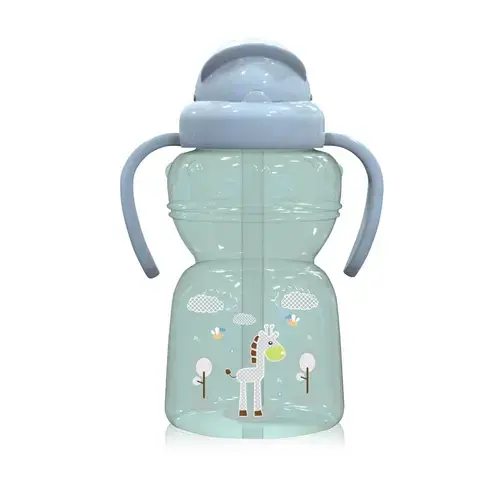 Biberon Animals Lorelli, cu manere si pai moale, 6 luni+, 325 ml, Mint Green