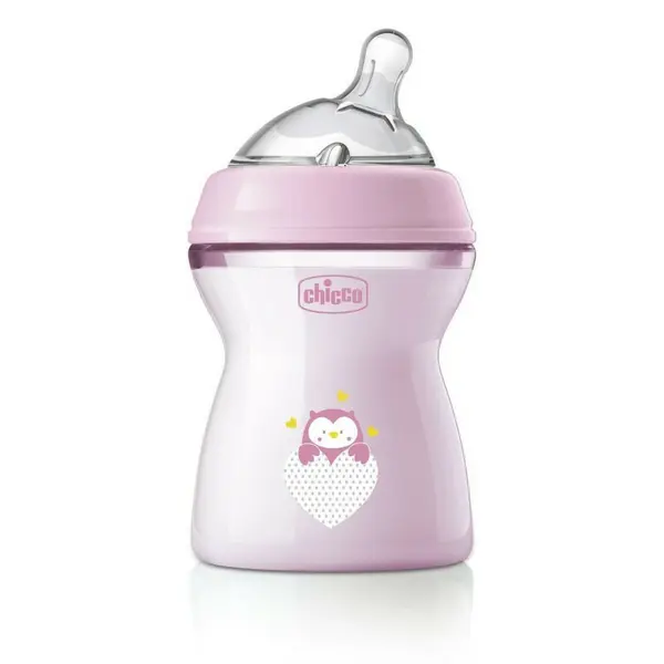 Biberon anticolici, Chicco, Natural Feeling, Plastic, Cu tetina Din silicon moale, Pentru hranire alternativa, Potrivit pentru nou-nascuti si sugari, Fara BPA, 250 ml, 2 luni+, Roz