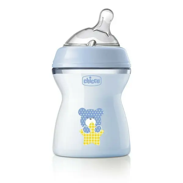 Biberon anticolici, Chicco, Natural Feeling, Plastic, Cu tetina Din silicon moale, Pentru hranire alternativa, Potrivit pentru nou-nascuti si sugari, Fara BPA, 250 ml, 2 luni+, Albastru