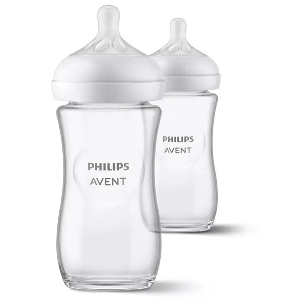 Biberon anticolici, Philips Avent, Din sticla, Natural Response, 240 ml, 1 luni+, 2 bucati, Alb