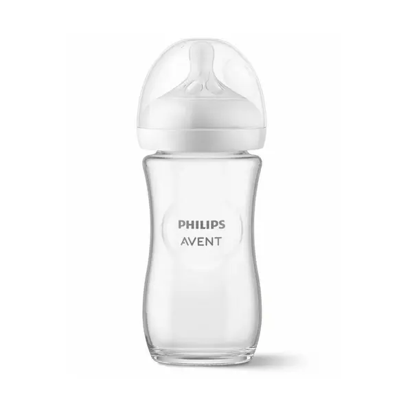 Biberon anticolici, Philips Avent, Natural Response, Din sticla, Tetina cu debit 3, 240 ml, 1 luni+, Alb