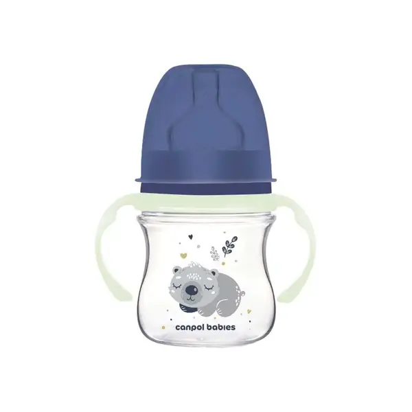 Biberon cu manere si tetina silicon Canpol Easy Start Sleepy Koala 120 ml Albastru