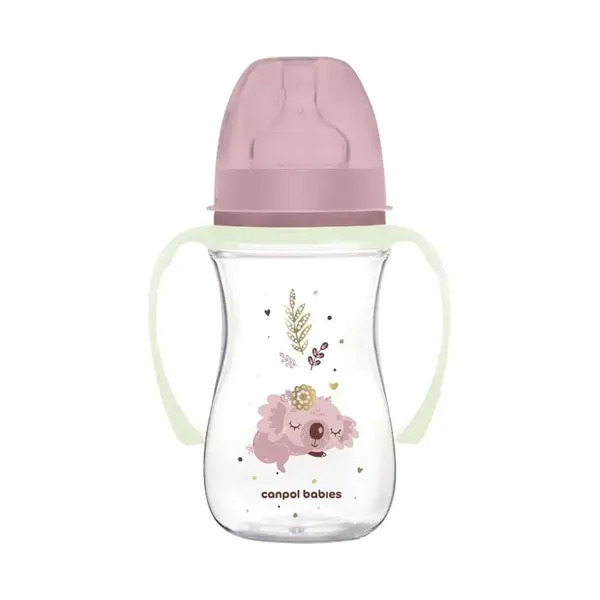 Biberon cu manere si tetina silicon Canpol Easy Start Sleepy Koala 240 ml Roz