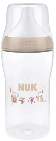Biberon cu tetină din silicon NUK Perfect Match - 260 ml, mărimea M, 3 luni+, maimuţă, bej