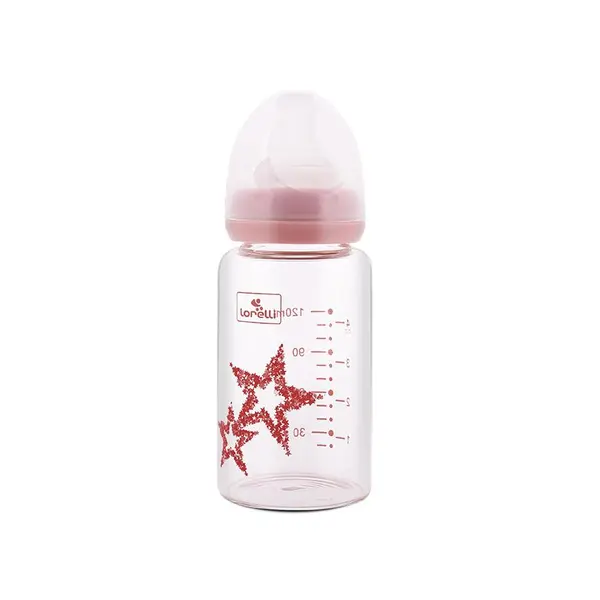 Biberon de sticla cu tetina anticolici Lorelli Baby Care Stars 120 ml 0+ Blush Pink