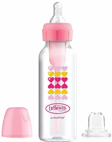 Biberon de tranziție Dr. Brown's Options+ - Narrow-Neck, 250 ml, Roz cu inimi