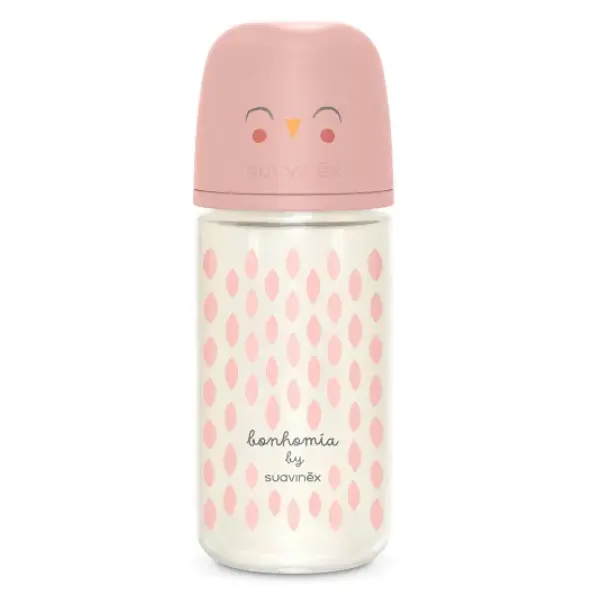 Biberon din sticla cu tetina SX Pro cu debit mediu, roz, Bonhomia, Suavinex | 240 ml