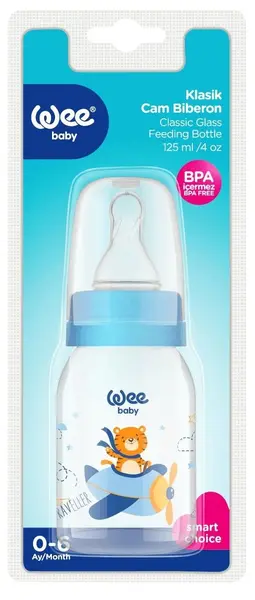 Biberon din sticla Wee Baby Classic - 125 ml, cu un tigru și un avion