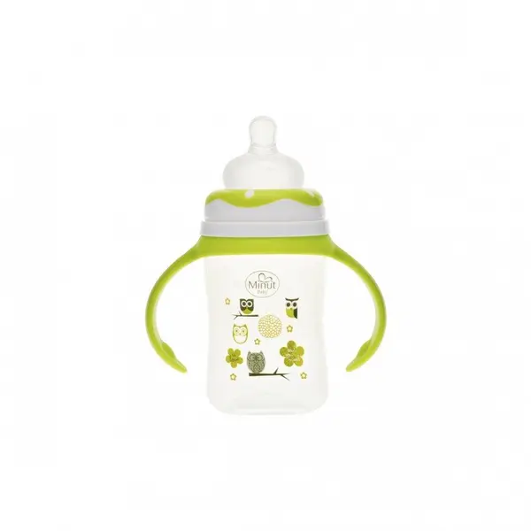 Biberon gat larg cu manere Minut Baby cu tetina silicon 0+ 150 ml verde