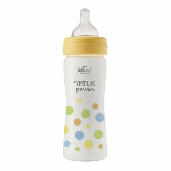 Biberon plastic, Chicco, Perfect Easy, 250 ml, Gat larg, Tetina silicon Soft Sense, Debit mediu, Ergonomic, Antiscurgere, Potrivit pt masina de spalat vase si microunde, 2 luni+, Galben