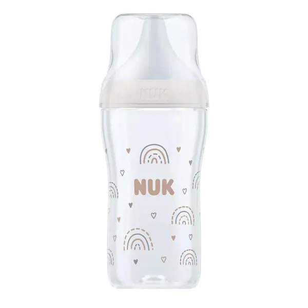 Biberon polipropilena cu tetina silicon si control de temperatura Nuk PM 260 ml 3 luni + M Rainbow