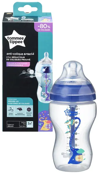 Biberon Tommee Tippee Advanced Anti-Colic - 340 ml, cu tetina 2 picaturi, Flux mediu, albastru