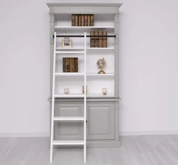 Biblioteca 2 usi BAS + vitrina deschisa SUP, Colectia Directoire, scara nu este inclusa in pret cu finisaj Elephant Grey / White