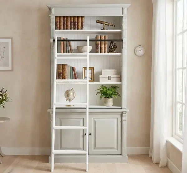 Biblioteca 2 usi BAS + vitrina deschisa SUP, Colectia Directoire, scara nu este inclusa in pret cu finisaj Elephant Grey / White