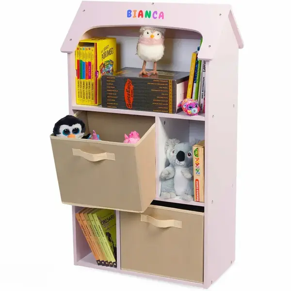 Biblioteca copii, Organizator cu raft pentru carti, Cutii depozitare jucarii, rechizite si papusi, Mobilier din Lemn MDF, Dulap tip casuta cu 3 etajere, 91,5 x 54 x 27cm, Roz - Default Title