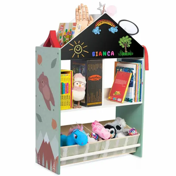 Biblioteca copii Verde, Organizator cu raft pentru carti, Cutii depozitare jucarii, Tabla de desen, Mobilier din Lemn MDF, Dulap tip casuta cu etajere, 90 x 62 x 27cm - Default Title