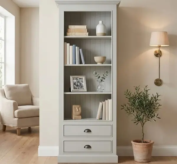 Biblioteca cu 2 sertare, etajera deschisa cu finisaj Elephant Grey