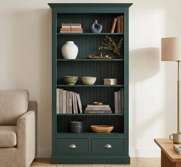 Biblioteca cu 2 sertare, etajera deschisa cu finisaj Midnight Slate